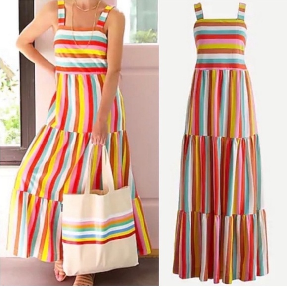 J Crew Size Medium Rainbow Stripe Long Maxi Dress Summer Cotton Knit AP172 - Picture 1 of 9
